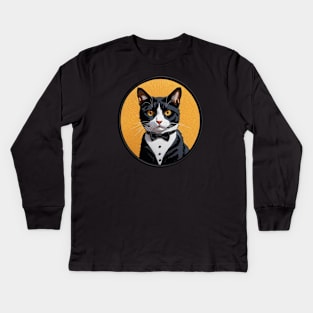 Tuxedo Cat Embroidered Patch Kids Long Sleeve T-Shirt